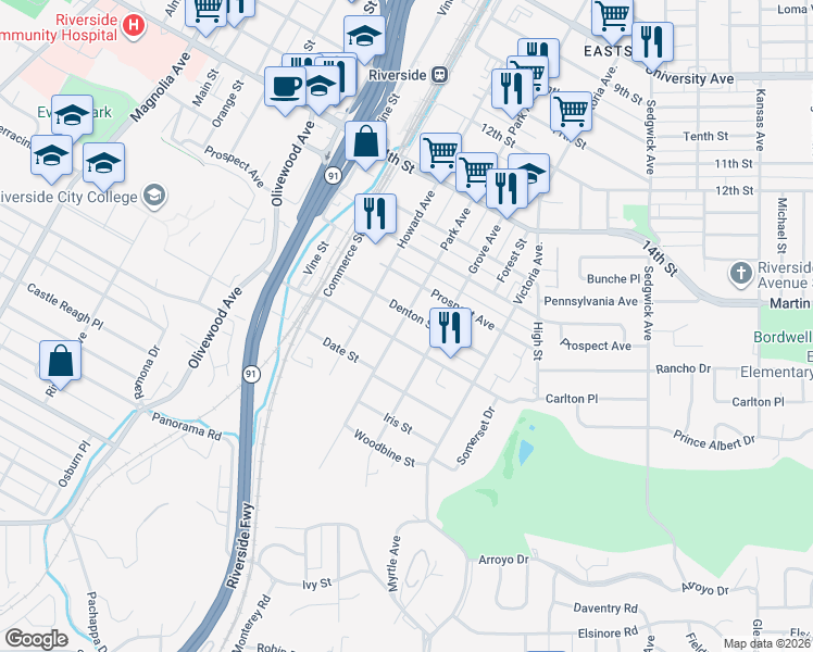 map of restaurants, bars, coffee shops, grocery stores, and more near 2850 Denton Street in Riverside