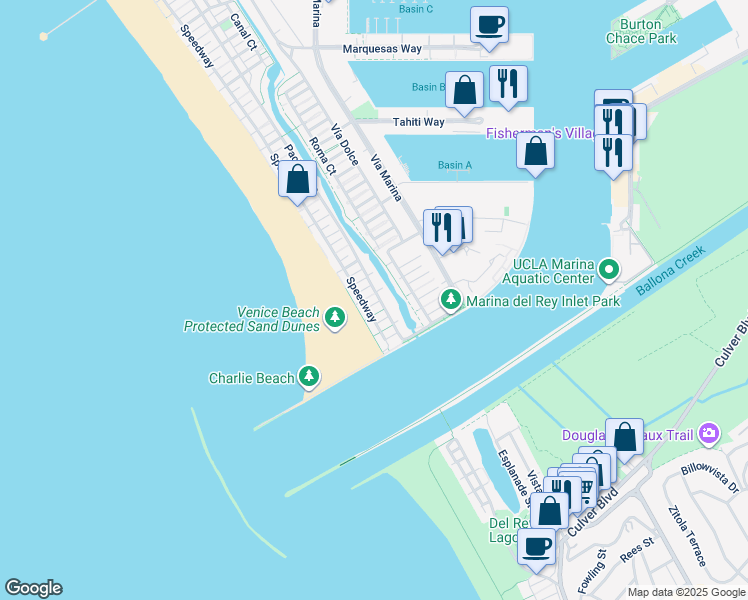 map of restaurants, bars, coffee shops, grocery stores, and more near 24 Voyage Street in Marina del Rey