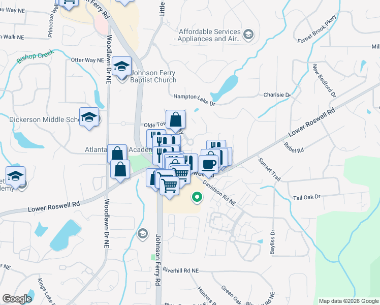 map of restaurants, bars, coffee shops, grocery stores, and more near 5000 Olde Towne Parkway in Marietta