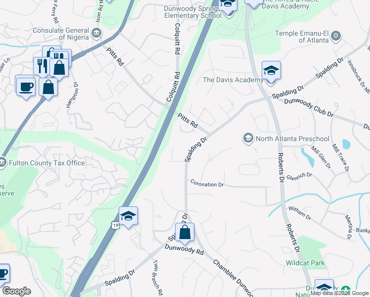 map of restaurants, bars, coffee shops, grocery stores, and more near 1240 Spalding Drive in Atlanta