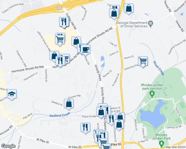 map of restaurants, bars, coffee shops, grocery stores, and more near 447A Northdale Road in Lawrenceville