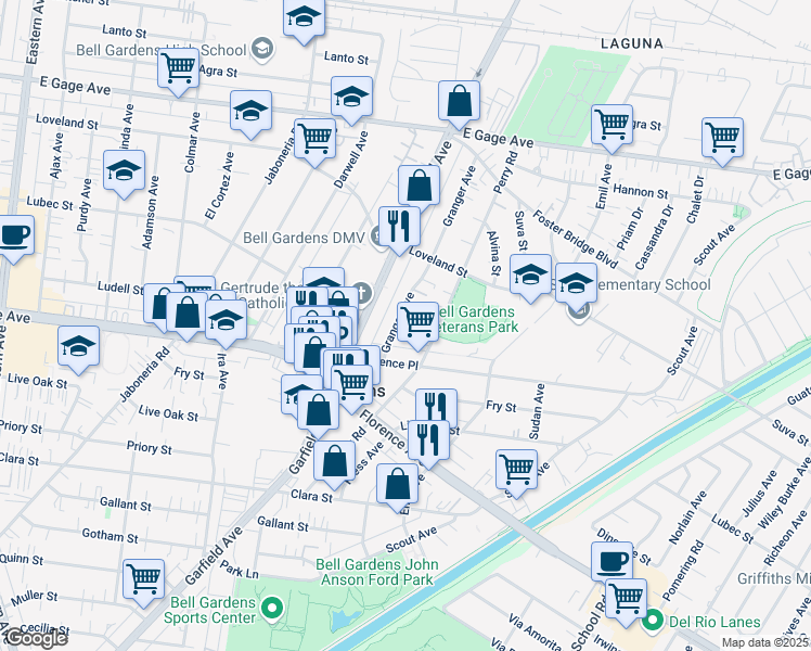 map of restaurants, bars, coffee shops, grocery stores, and more near 7104 Granger Avenue in Bell Gardens