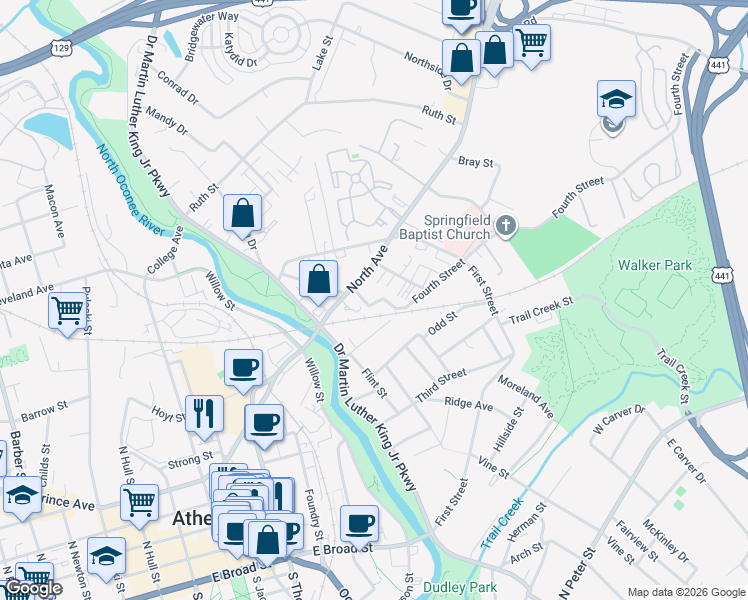 map of restaurants, bars, coffee shops, grocery stores, and more near 188 Berlin Court in Athens