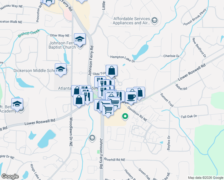 map of restaurants, bars, coffee shops, grocery stores, and more near Oliver Palms Wk in Marietta