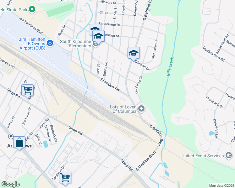 map of restaurants, bars, coffee shops, grocery stores, and more near 4000 Plowden Road in Columbia