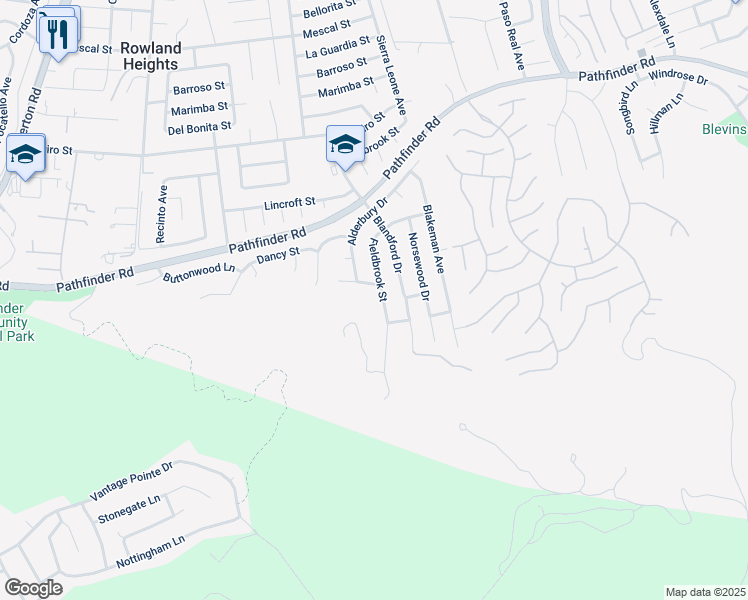 map of restaurants, bars, coffee shops, grocery stores, and more near 18593 Fieldbrook Street in Rowland Heights