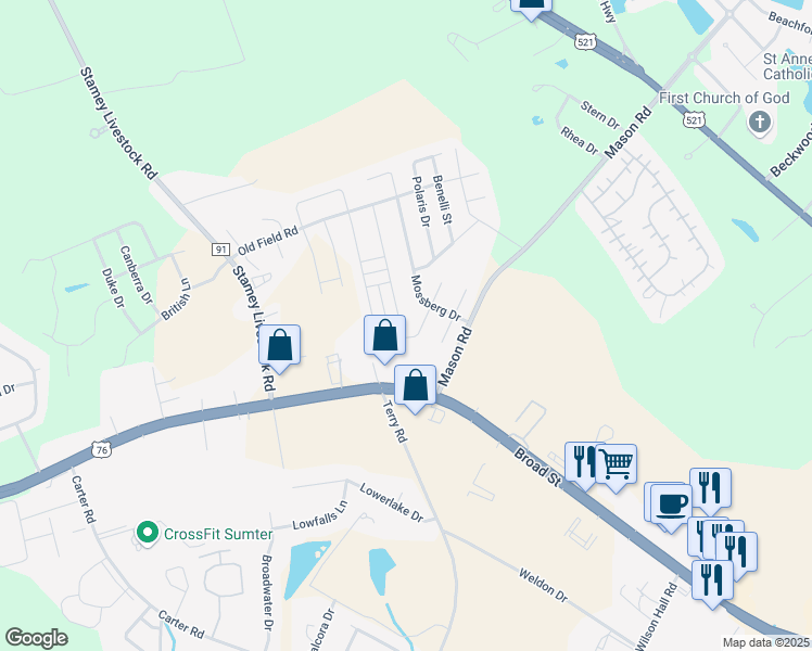 map of restaurants, bars, coffee shops, grocery stores, and more near 1613 Musket Trail in Sumter
