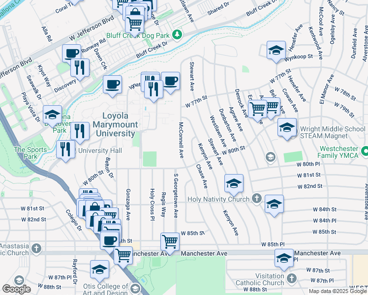 map of restaurants, bars, coffee shops, grocery stores, and more near 7916 McConnell Avenue in Los Angeles