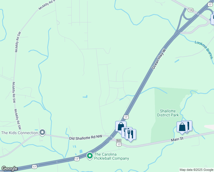 map of restaurants, bars, coffee shops, grocery stores, and more near 175 Wild Raven Street Northwest in Shallotte