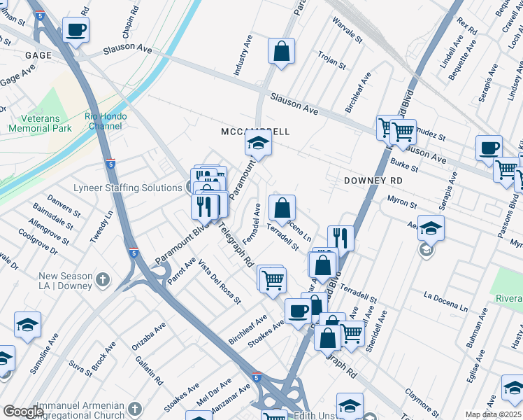 map of restaurants, bars, coffee shops, grocery stores, and more near 8244 Fernadel Avenue in Pico Rivera
