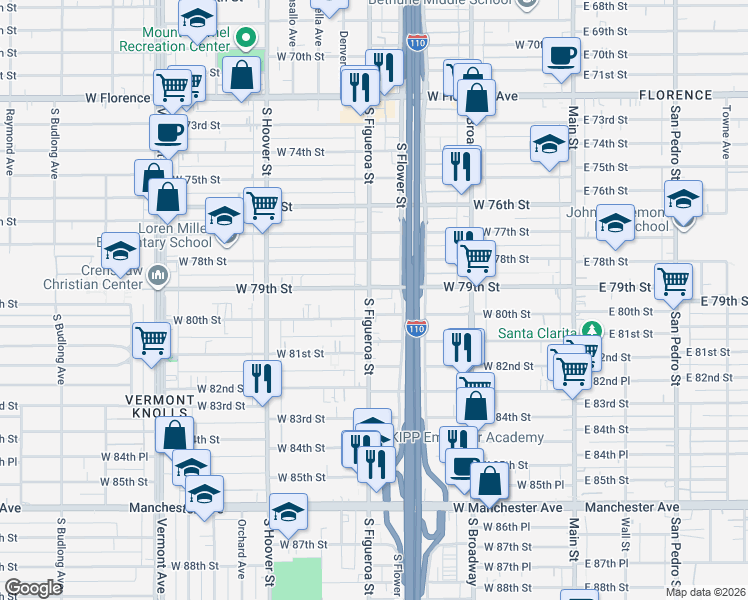 map of restaurants, bars, coffee shops, grocery stores, and more near 7912 South Figueroa Street in Los Angeles