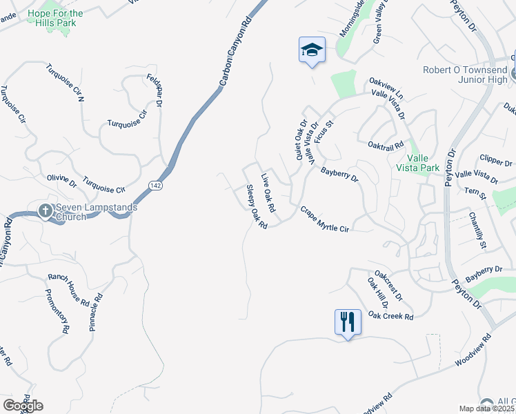 map of restaurants, bars, coffee shops, grocery stores, and more near 15757 Sleepy Oak Road in Chino Hills