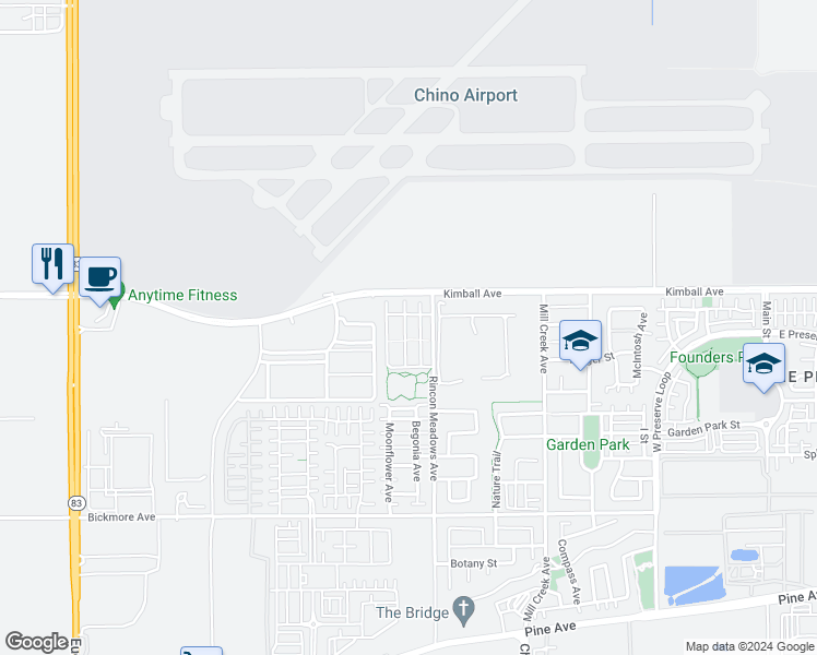 map of restaurants, bars, coffee shops, grocery stores, and more near 15769 Molly Avenue in Chino