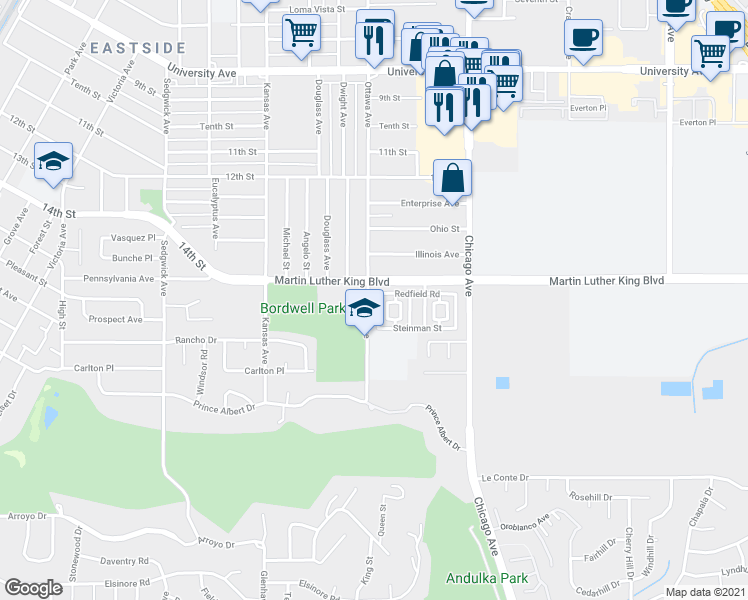 map of restaurants, bars, coffee shops, grocery stores, and more near 4523 Sandano Street in Riverside