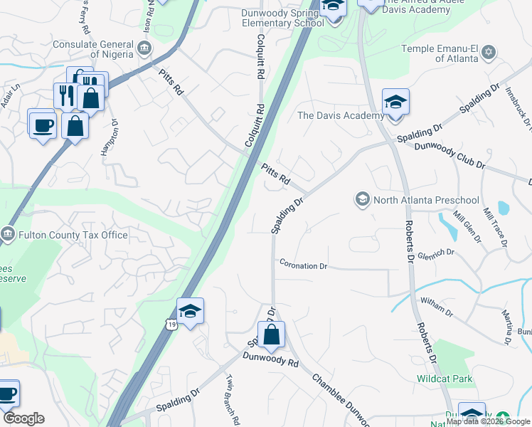 map of restaurants, bars, coffee shops, grocery stores, and more near 1240 Spalding Drive in Atlanta