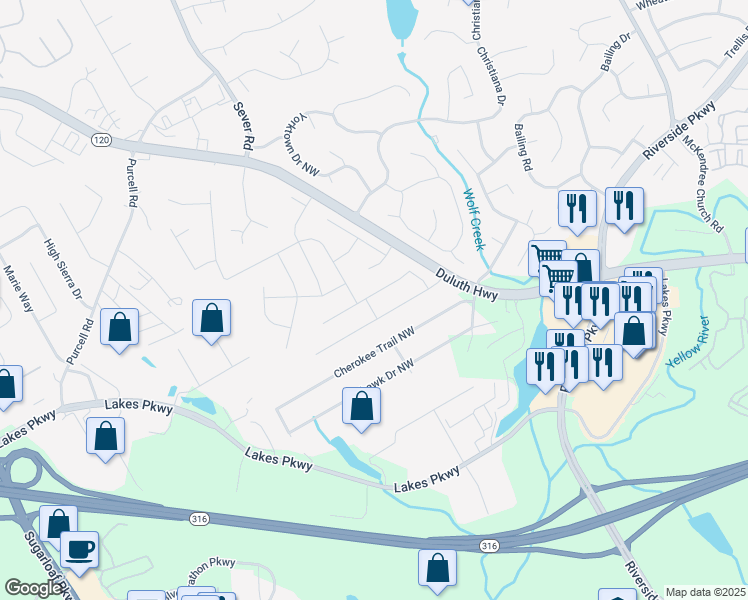 map of restaurants, bars, coffee shops, grocery stores, and more near 1179 Maude Way in Lawrenceville