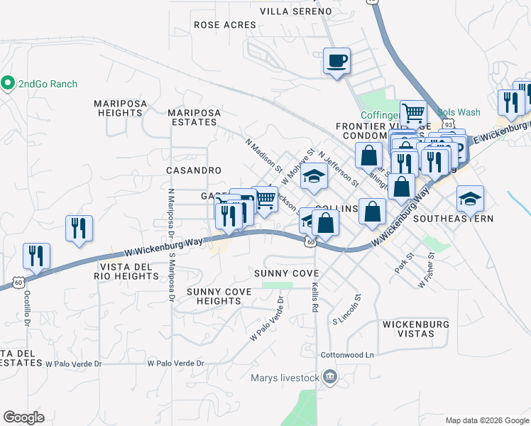 map of restaurants, bars, coffee shops, grocery stores, and more near 388 North Lincoln Street in Wickenburg