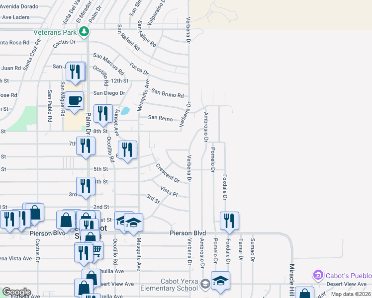 map of restaurants, bars, coffee shops, grocery stores, and more near San Lorenzo Drive in Desert Hot Springs