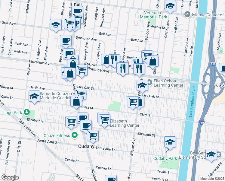map of restaurants, bars, coffee shops, grocery stores, and more near 4805 Live Oak Street in Bell Gardens