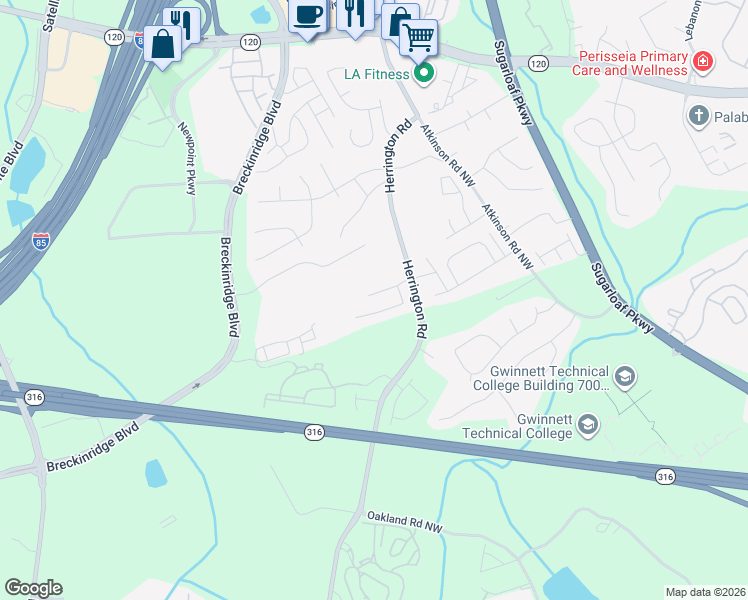 map of restaurants, bars, coffee shops, grocery stores, and more near 2185 Mission View Drive Northwest in Lawrenceville