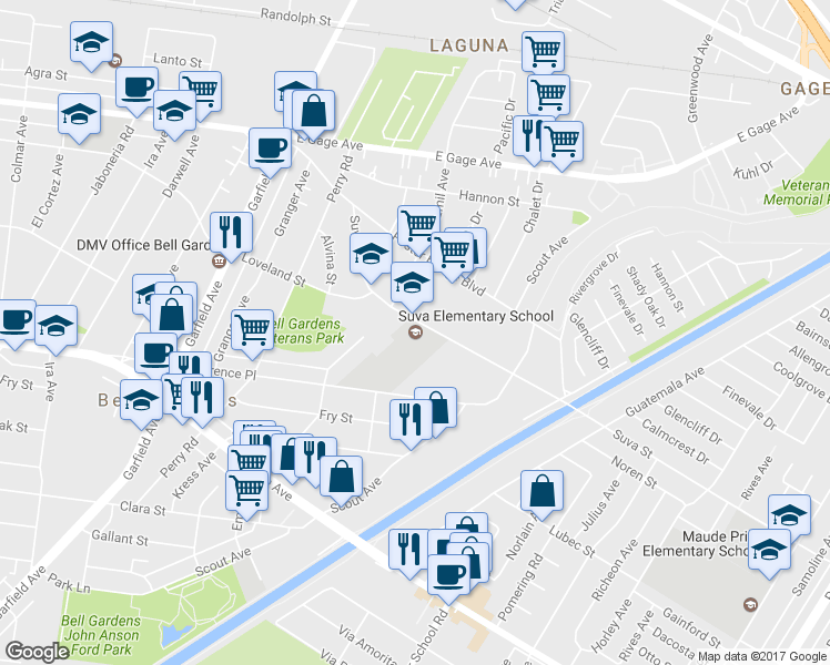 map of restaurants, bars, coffee shops, grocery stores, and more near 6740 Suva Street in Bell Gardens
