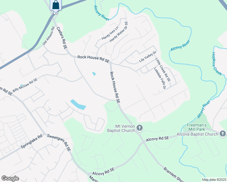 map of restaurants, bars, coffee shops, grocery stores, and more near 295 Rock House Road Southeast in Lawrenceville