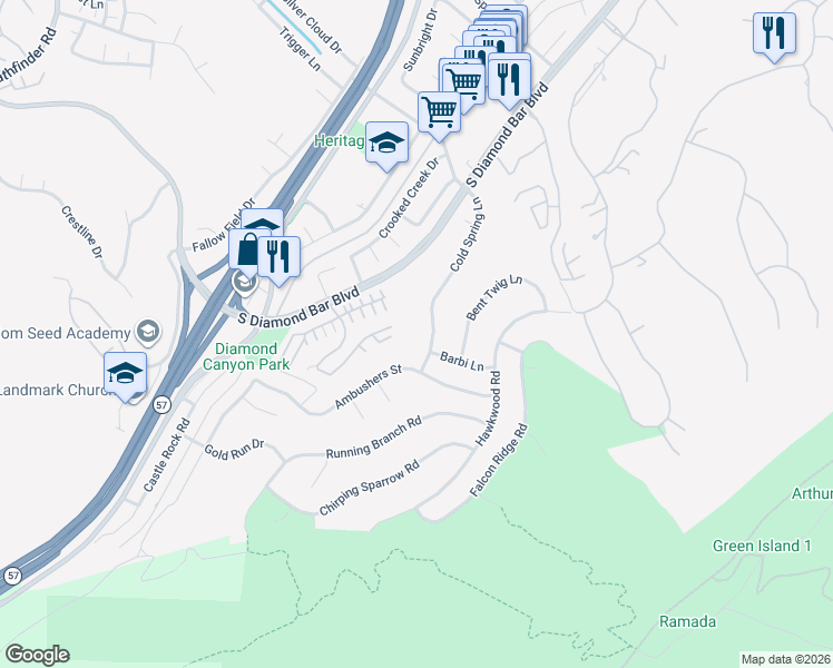 map of restaurants, bars, coffee shops, grocery stores, and more near 21494 Cold Spring Lane in Diamond Bar