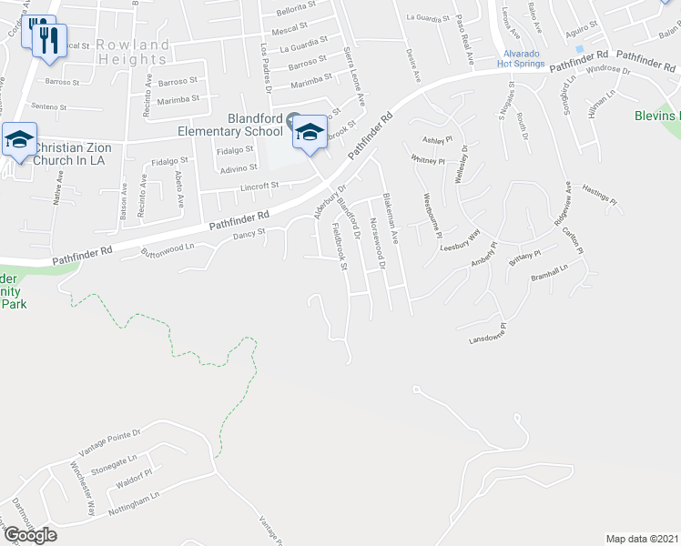 map of restaurants, bars, coffee shops, grocery stores, and more near 18593 Fieldbrook Street in Rowland Heights