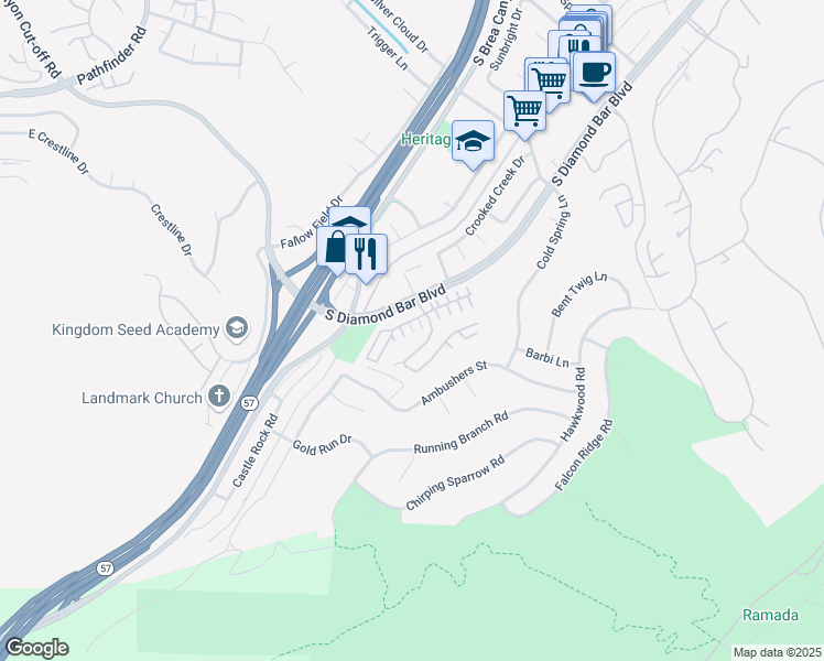 map of restaurants, bars, coffee shops, grocery stores, and more near 21032 Blossom Way in Diamond Bar