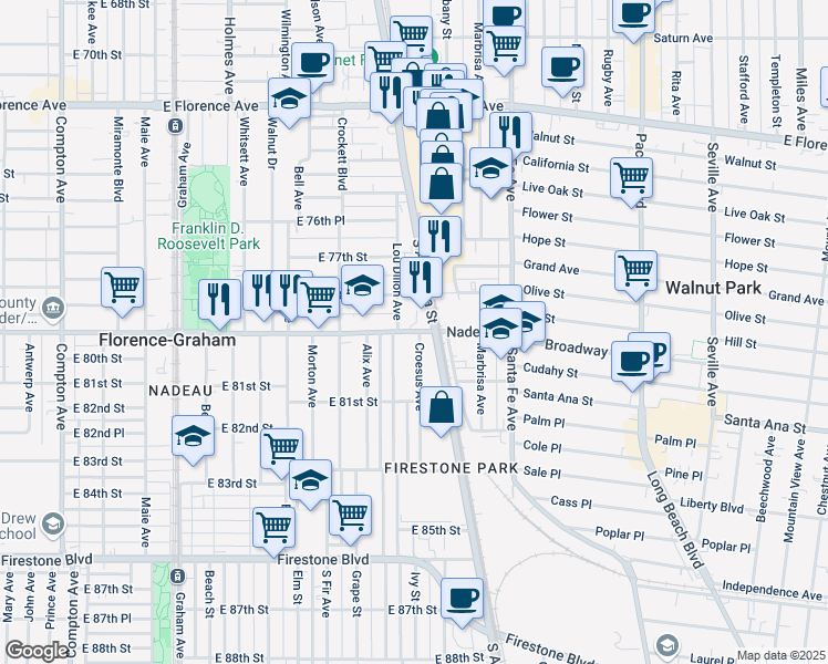 map of restaurants, bars, coffee shops, grocery stores, and more near 2111 Nadeau Street in Los Angeles