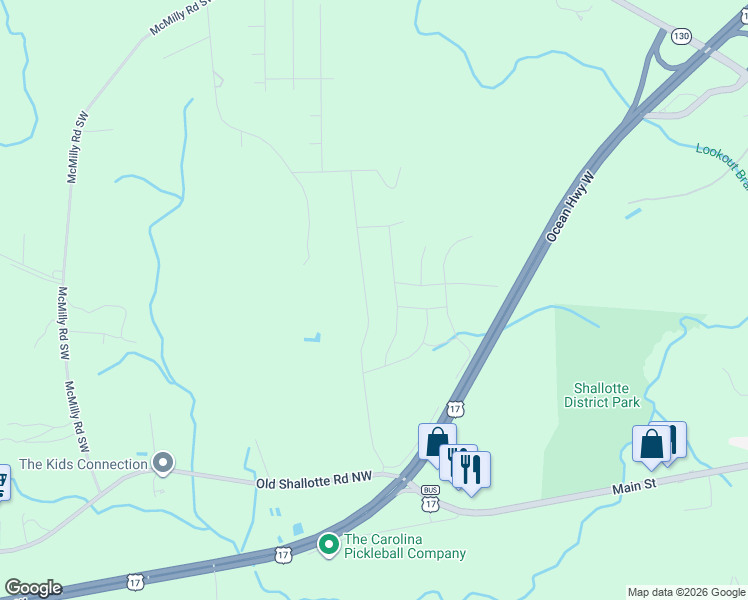 map of restaurants, bars, coffee shops, grocery stores, and more near 175 Wild Raven Street Northwest in Shallotte