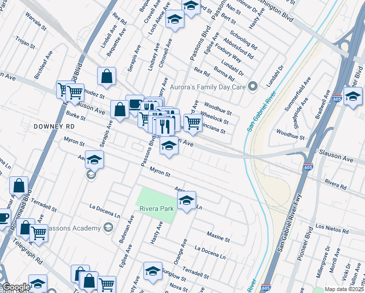 map of restaurants, bars, coffee shops, grocery stores, and more near 7811 Cord Avenue in Pico Rivera