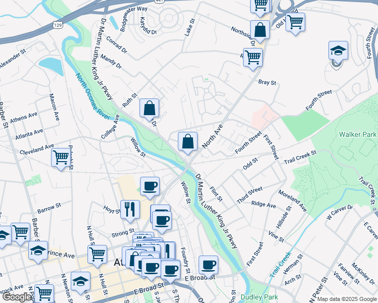 map of restaurants, bars, coffee shops, grocery stores, and more near 225 Madison Heights in Athens