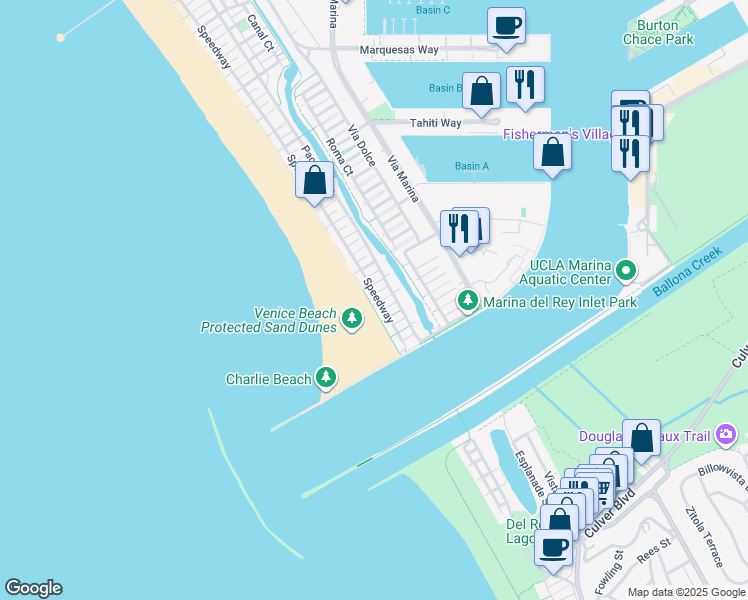 map of restaurants, bars, coffee shops, grocery stores, and more near 5205 Ocean Front Walk in Marina del Rey