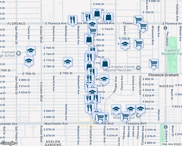 map of restaurants, bars, coffee shops, grocery stores, and more near South Central Avenue & Nadeau Street in Los Angeles
