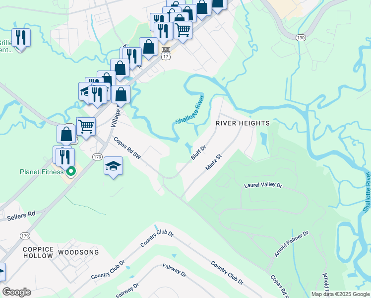 map of restaurants, bars, coffee shops, grocery stores, and more near 4664 Bluff Drive in Shallotte