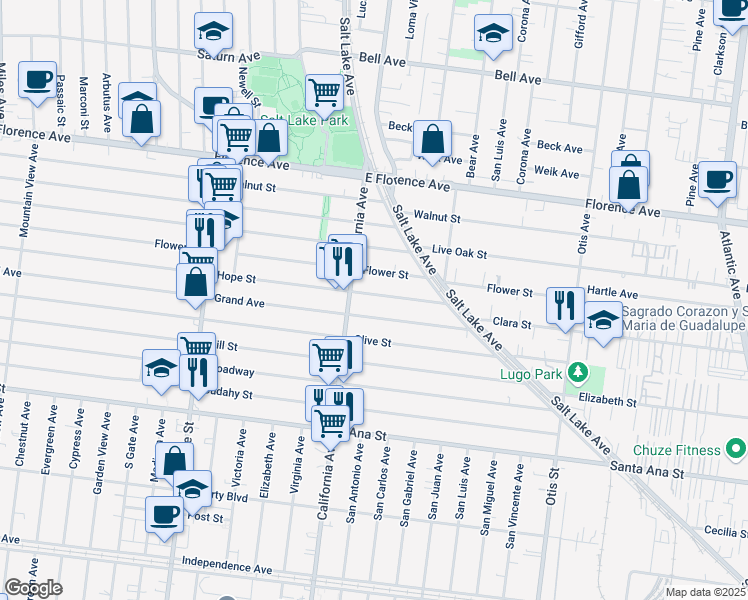 map of restaurants, bars, coffee shops, grocery stores, and more near 3528 Hope Street in Huntington Park