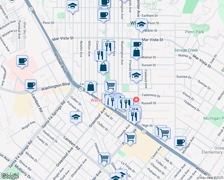 map of restaurants, bars, coffee shops, grocery stores, and more near 8021 Bright Avenue in Whittier