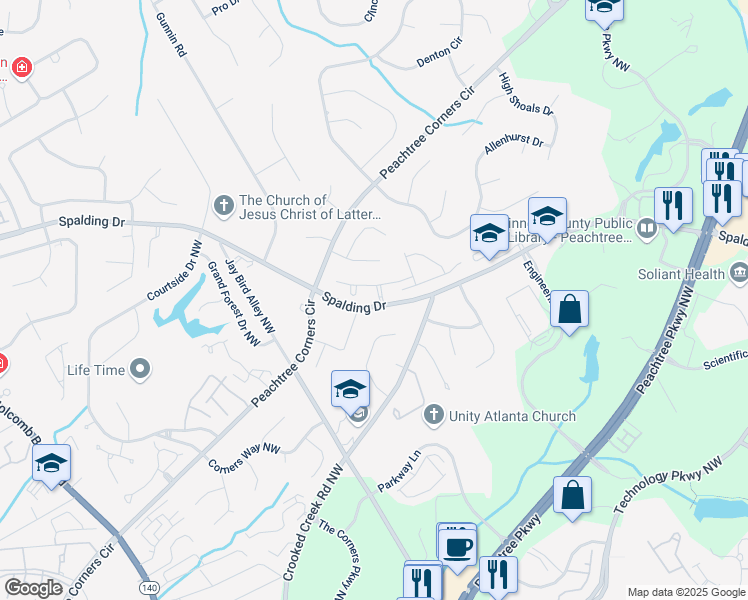 map of restaurants, bars, coffee shops, grocery stores, and more near 3706 Village Walk Drive Northwest in Norcross