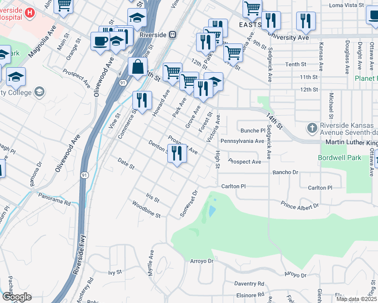 map of restaurants, bars, coffee shops, grocery stores, and more near 2746 Prospect Avenue in Riverside