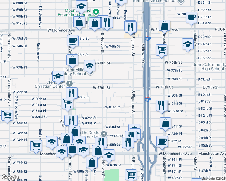 map of restaurants, bars, coffee shops, grocery stores, and more near 704 West 79th Street in Los Angeles