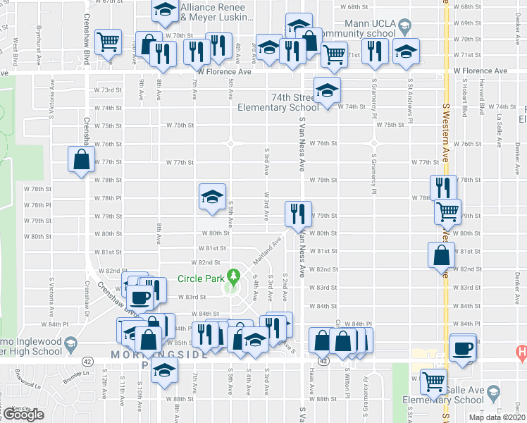 map of restaurants, bars, coffee shops, grocery stores, and more near 2403 West 79th Street in Inglewood