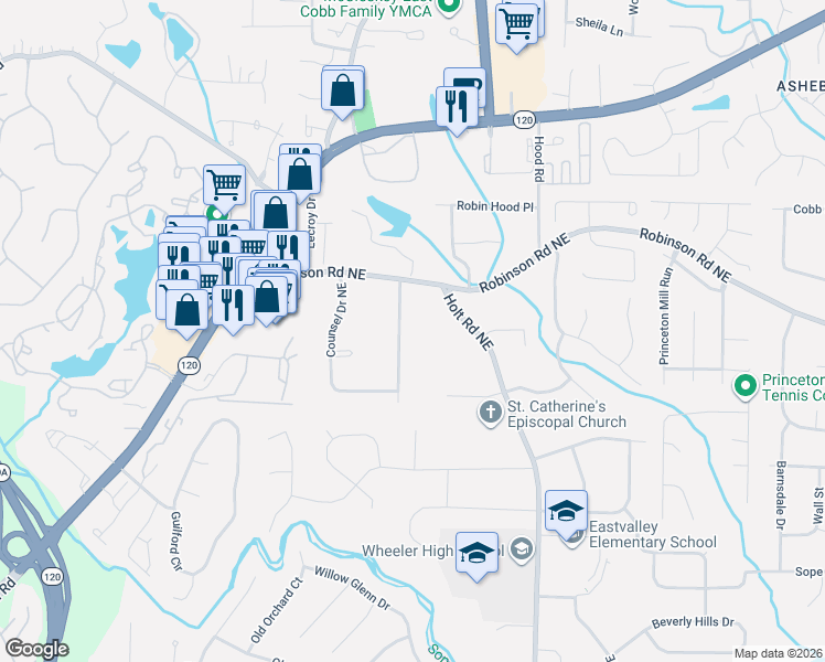 map of restaurants, bars, coffee shops, grocery stores, and more near 710 McBurnette Road North East in Marietta