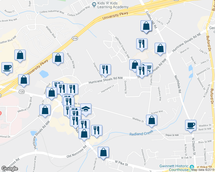 map of restaurants, bars, coffee shops, grocery stores, and more near 293 Haymarket Lane in Lawrenceville