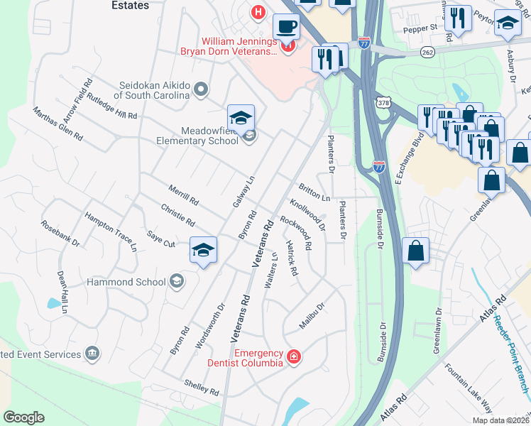 map of restaurants, bars, coffee shops, grocery stores, and more near 545 Rockwood Road in Columbia