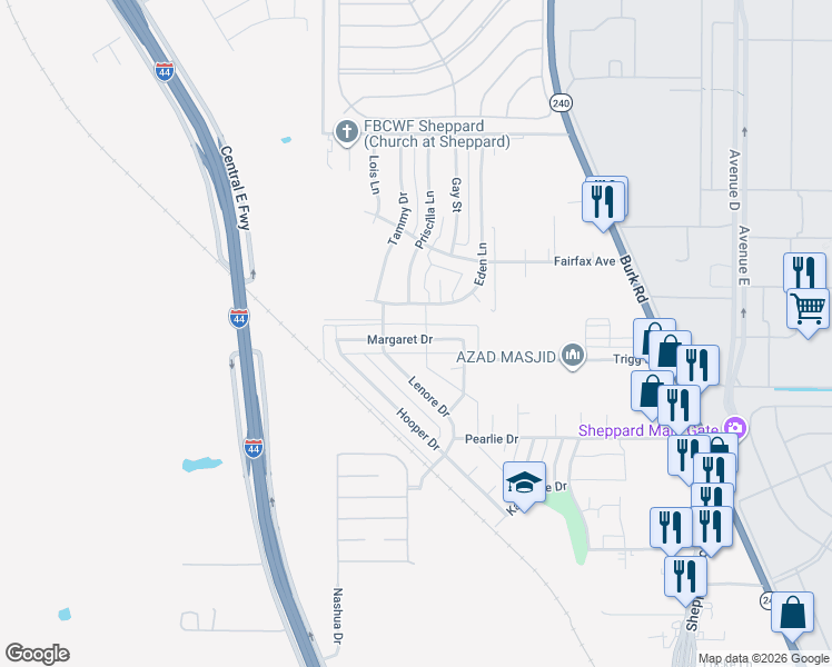 map of restaurants, bars, coffee shops, grocery stores, and more near 1914 Margaret Drive in Wichita Falls