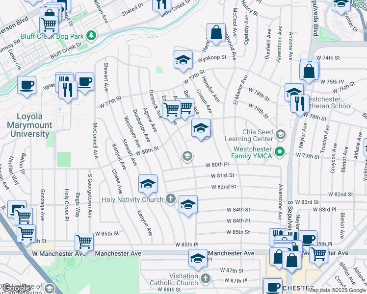 map of restaurants, bars, coffee shops, grocery stores, and more near 8029 Emerson Avenue in Los Angeles