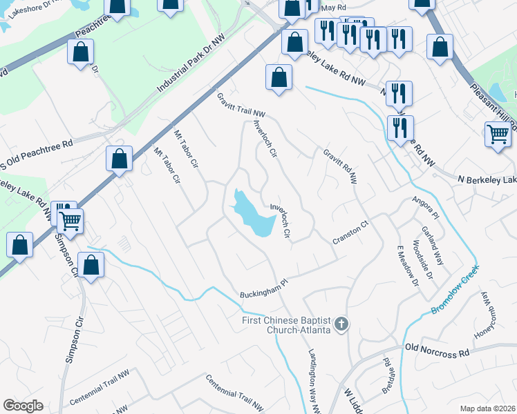 map of restaurants, bars, coffee shops, grocery stores, and more near 2842 Inverloch Circle in Duluth
