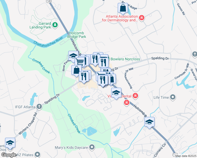 map of restaurants, bars, coffee shops, grocery stores, and more near 4047 Holcomb Bridge Road in Peachtree Corners