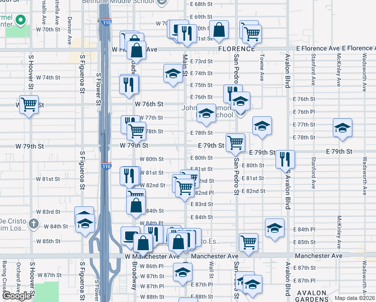 map of restaurants, bars, coffee shops, grocery stores, and more near 7912 South Main Street in Los Angeles